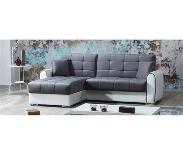 Sofá cama Dflumin, Sofá cama de canto com container em couro ecológico e tecido, Sofá com abertura click-clac e península reversível, 246x160h91 cm, Branco e Cinza