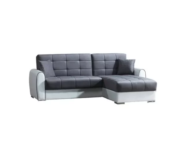 Sofá cama Dflumin, Sofá cama de canto com container em couro ecológico e tecido, Sofá com abertura click-clac e península reversível, 246x160h91 cm, Branco e Cinza