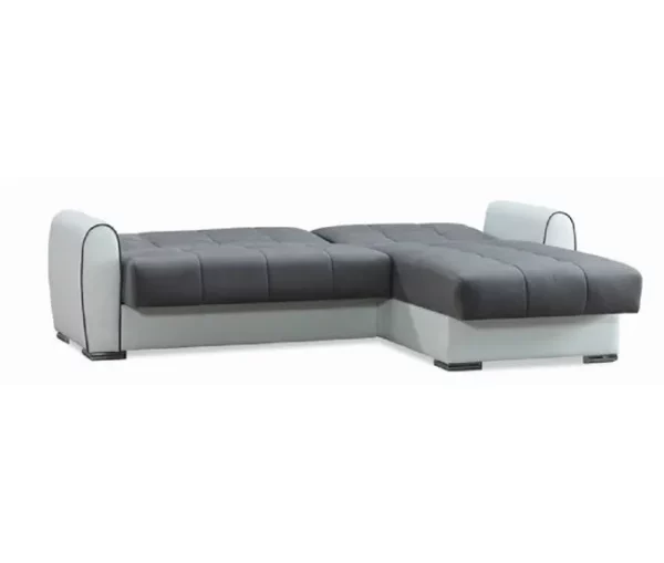 Sofá cama Dflumin, Sofá cama de canto com container em couro ecológico e tecido, Sofá com abertura click-clac e península reversível, 246x160h91 cm, Branco e Cinza