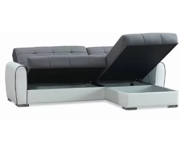 Sofá cama Dflumin, Sofá cama de canto com container em couro ecológico e tecido, Sofá com abertura click-clac e península reversível, 246x160h91 cm, Branco e Cinza