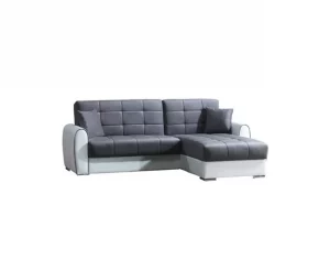 Sofá cama Dflumin, Sofá cama de canto com container em couro ecológico e tecido, Sofá com abertura click-clac e península reversível, 246x160h91 cm, Branco e Cinza