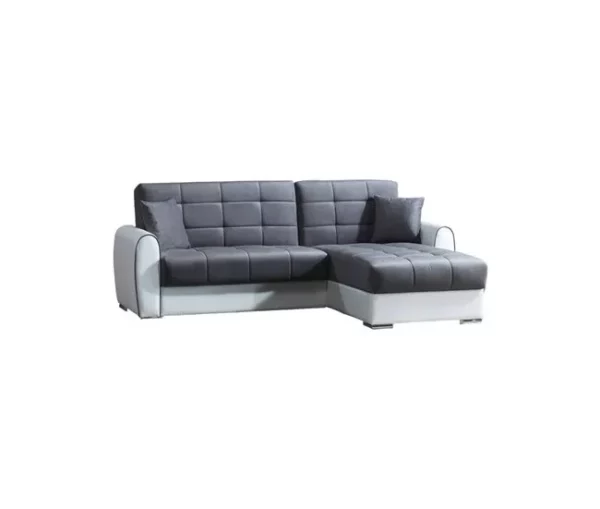 Sofá cama Dflumin, Sofá cama de canto com container em couro ecológico e tecido, Sofá com abertura click-clac e península reversível, 246x160h91 cm, Branco e Cinza