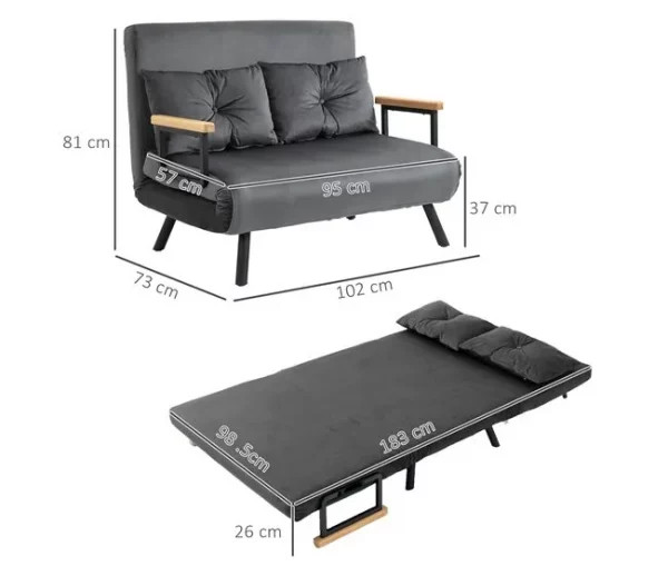 HOMCOM Sofá Cama Sofá Convertível em Cama de 2 Lugares Dobrável com Encosto Ajustável em 5 Níveis e 2 Almofadas Acolchoadas para Escritório Dormitório Sala de Estar 102x73x81 cm Cinza