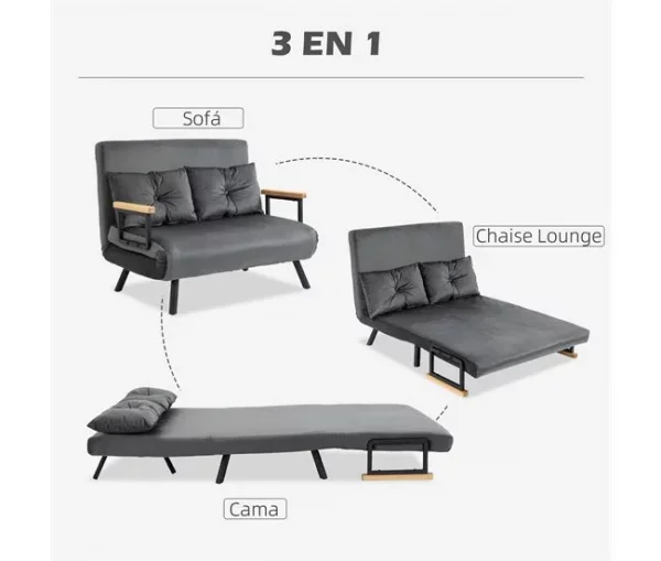 HOMCOM Sofá Cama Sofá Convertível em Cama de 2 Lugares Dobrável com Encosto Ajustável em 5 Níveis e 2 Almofadas Acolchoadas para Escritório Dormitório Sala de Estar 102x73x81 cm Cinza