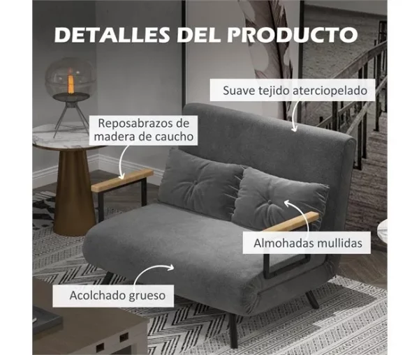 HOMCOM Sofá Cama Sofá Convertível em Cama de 2 Lugares Dobrável com Encosto Ajustável em 5 Níveis e 2 Almofadas Acolchoadas para Escritório Dormitório Sala de Estar 102x73x81 cm Cinza