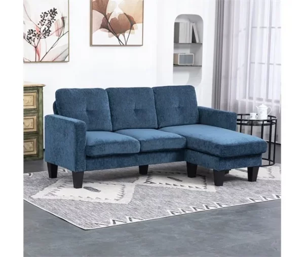 HOMCOM Sofá Chaise Longue Sofá em Forma de L Estofado em Poliéster Sofá de Canto Reversível com 3 Almofadas e Pés de Madeira para Sala de Estar Carga Máxima 180 kg 186x130x84 cm Azul