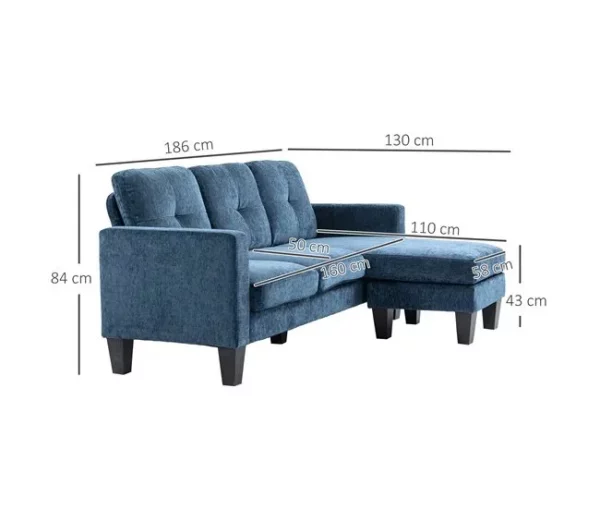 HOMCOM Sofá Chaise Longue Sofá em Forma de L Estofado em Poliéster Sofá de Canto Reversível com 3 Almofadas e Pés de Madeira para Sala de Estar Carga Máxima 180 kg 186x130x84 cm Azul