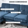 HOMCOM Sofá Chaise Longue Sofá em Forma de L Estofado em Poliéster Sofá de Canto Reversível com 3 Almofadas e Pés de Madeira para Sala de Estar Carga Máxima 180 kg 186x130x84 cm Azul