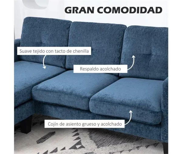 HOMCOM Sofá Chaise Longue Sofá em Forma de L Estofado em Poliéster Sofá de Canto Reversível com 3 Almofadas e Pés de Madeira para Sala de Estar Carga Máxima 180 kg 186x130x84 cm Azul