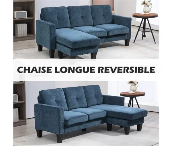 HOMCOM Sofá Chaise Longue Sofá em Forma de L Estofado em Poliéster Sofá de Canto Reversível com 3 Almofadas e Pés de Madeira para Sala de Estar Carga Máxima 180 kg 186x130x84 cm Azul