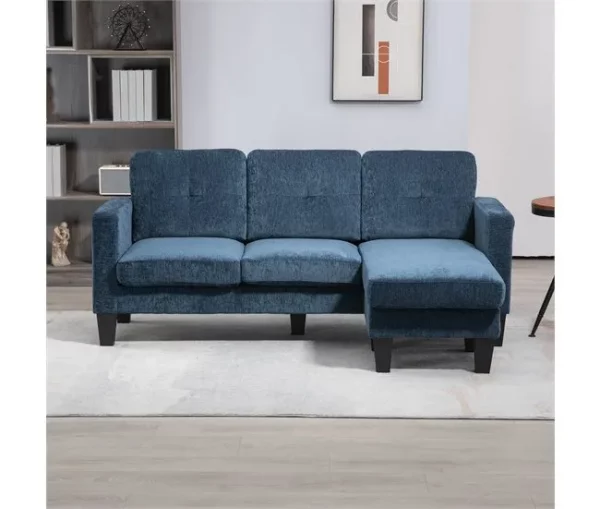 HOMCOM Sofá Chaise Longue Sofá em Forma de L Estofado em Poliéster Sofá de Canto Reversível com 3 Almofadas e Pés de Madeira para Sala de Estar Carga Máxima 180 kg 186x130x84 cm Azul