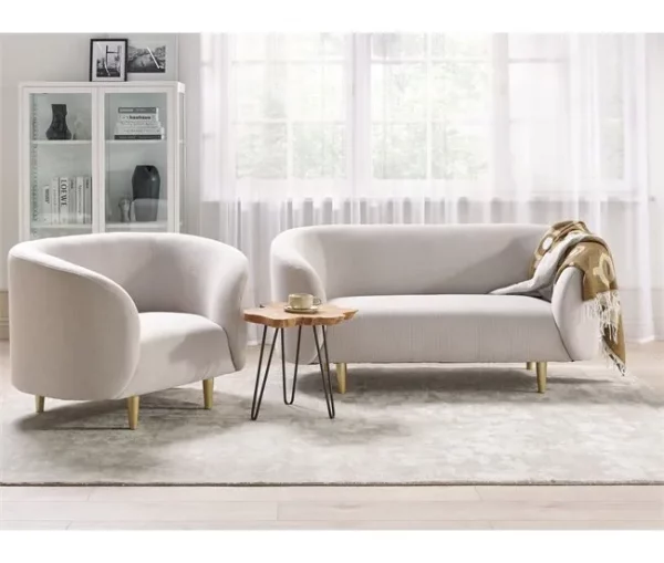 Sofá de 2 lugares estofado em tecido creme e dourado LOEN