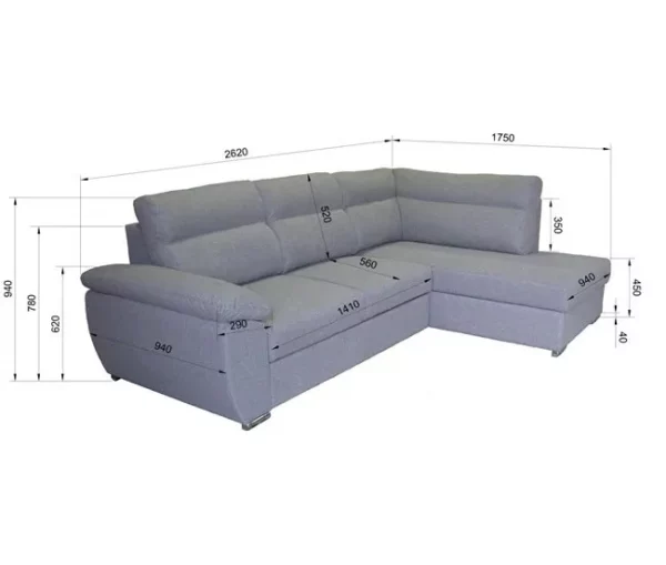 Sofá de canto KENDAL com cama e arca esquerda 4 lugares cinza