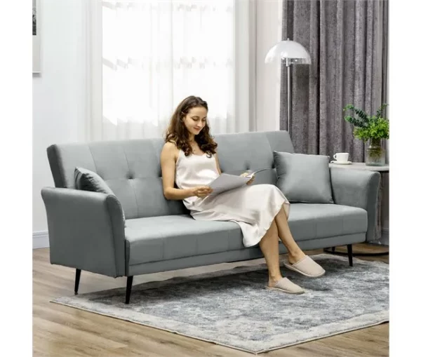 HOMCOM Sofá Cama Convertível Sofá Cama de 3 Lugares com Encosto Ajustável de 3 Níveis e 2 Almofadas Acolchoadas Carga 360 kg para Escritório Dormitório Sala de Estar Cinza
