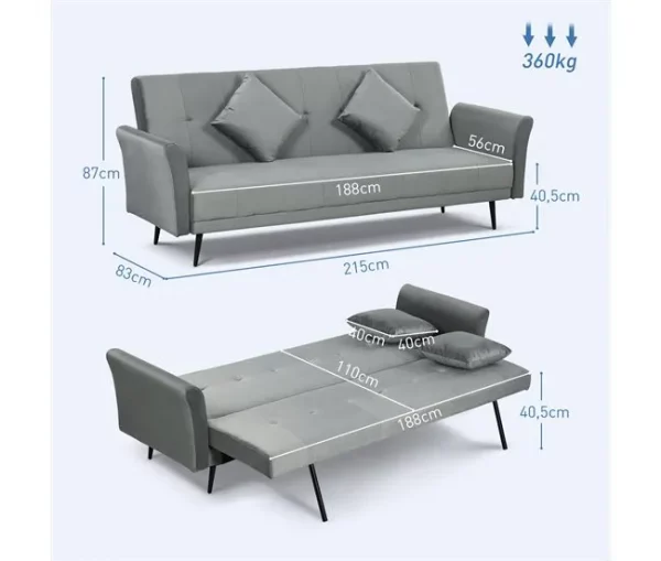 HOMCOM Sofá Cama Convertível Sofá Cama de 3 Lugares com Encosto Ajustável de 3 Níveis e 2 Almofadas Acolchoadas Carga 360 kg para Escritório Dormitório Sala de Estar Cinza