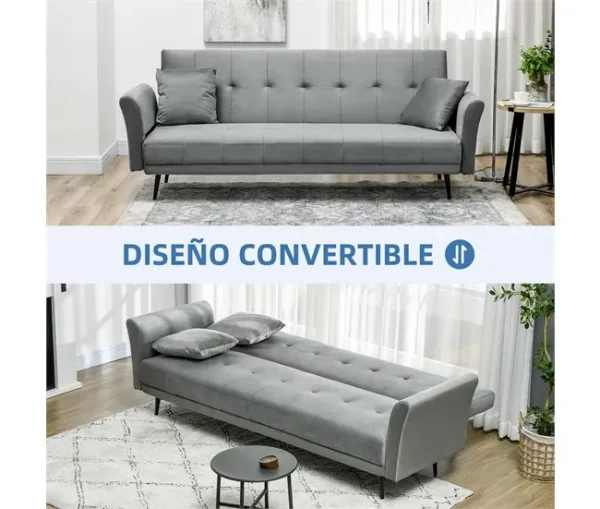 HOMCOM Sofá Cama Convertível Sofá Cama de 3 Lugares com Encosto Ajustável de 3 Níveis e 2 Almofadas Acolchoadas Carga 360 kg para Escritório Dormitório Sala de Estar Cinza