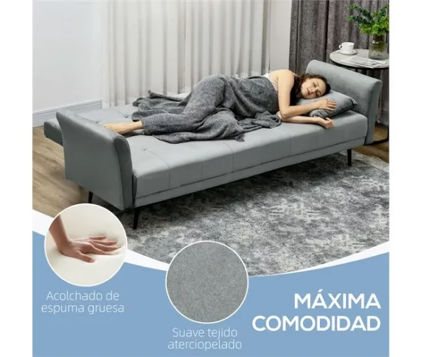 HOMCOM Sofá Cama Convertível Sofá Cama de 3 Lugares com Encosto Ajustável de 3 Níveis e 2 Almofadas Acolchoadas Carga 360 kg para Escritório Dormitório Sala de Estar Cinza