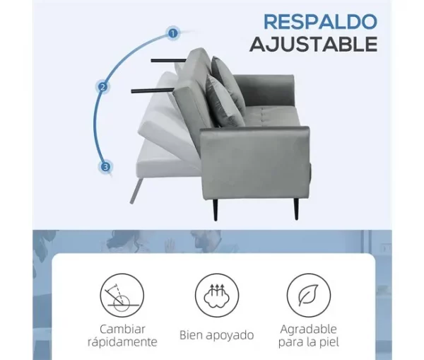 HOMCOM Sofá Cama Convertível Sofá Cama de 3 Lugares com Encosto Ajustável de 3 Níveis e 2 Almofadas Acolchoadas Carga 360 kg para Escritório Dormitório Sala de Estar Cinza