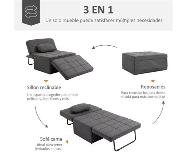 HOMCOM Sofá Cama Individual 3 em 1 Estofado em Linho Sofá Reclinável em 5 Posições com Apoio para os Pés e Apoio para a Cabeça para Sala de Estar Carga Máxima 200kg 95x189x43cm Cinza
