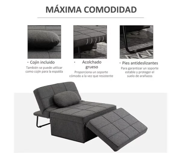 HOMCOM Sofá Cama Individual 3 em 1 Estofado em Linho Sofá Reclinável em 5 Posições com Apoio para os Pés e Apoio para a Cabeça para Sala de Estar Carga Máxima 200kg 95x189x43cm Cinza