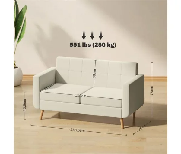 HOMCOM Sofá de 2 Lugares Sofá Estofado em Linho Sintético Sofá Sala de Estar com Apoio para os Braços e Pés de Madeira Sofá Pequeno Carga 250 kg 138,5x70x75 cm Creme
