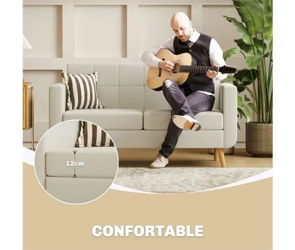 HOMCOM Sofá de 2 Lugares Sofá Estofado em Linho Sintético Sofá Sala de Estar com Apoio para os Braços e Pés de Madeira Sofá Pequeno Carga 250 kg 138,5x70x75 cm Creme