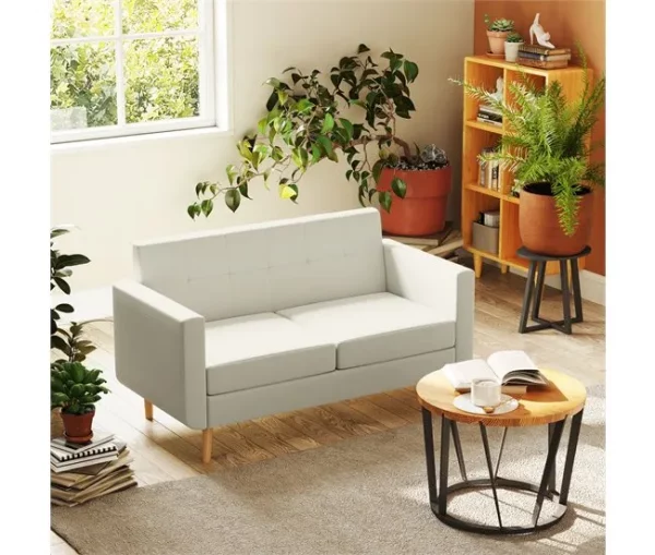 HOMCOM Sofá de 2 Lugares Sofá Estofado em Linho Sintético Sofá Sala de Estar com Apoio para os Braços e Pés de Madeira Sofá Pequeno Carga 250 kg 138,5x70x75 cm Creme