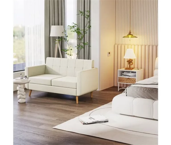 HOMCOM Sofá de 2 Lugares Sofá Estofado em Linho Sintético Sofá Sala de Estar com Apoio para os Braços e Pés de Madeira Sofá Pequeno Carga 250 kg 138,5x70x75 cm Creme