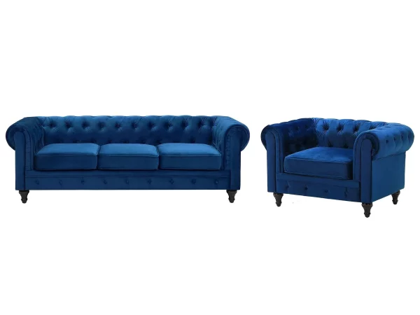 Set Sofa Sessel CHESTERFIELD kobaltblau Samtstoff CH