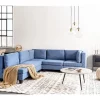 Sofá de canto modular 4 lugares em tecido azul à direita UNSTAD