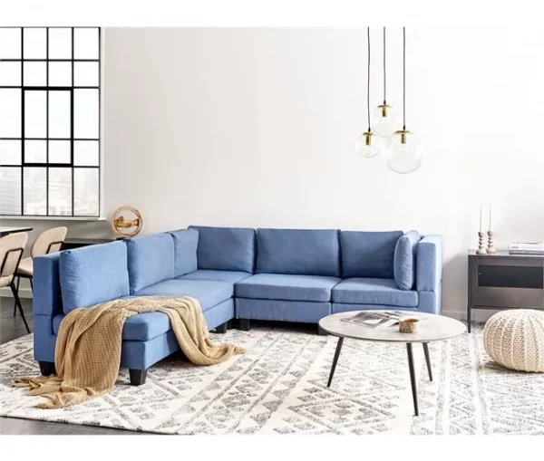 Sofá de canto modular 4 lugares em tecido azul à direita UNSTAD