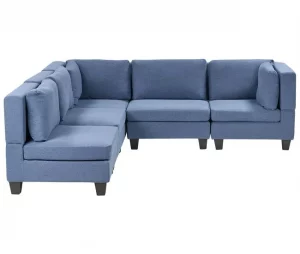 Sofá de canto modular 4 lugares em tecido azul à direita UNSTAD