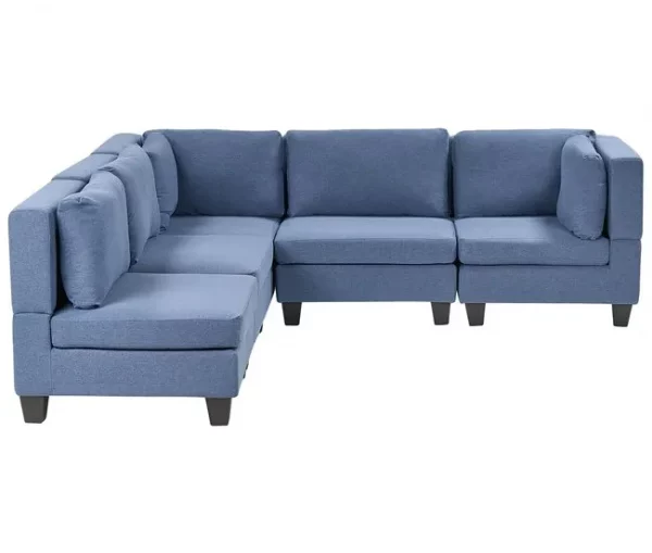 Sofá de canto modular 4 lugares em tecido azul à direita UNSTAD