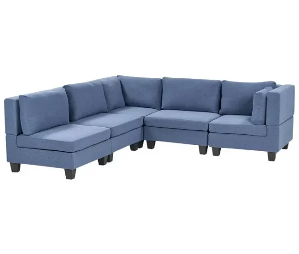 Sofá de canto modular 4 lugares em tecido azul à direita UNSTAD
