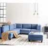 Sofá de canto modular 5 lugares com repousa-pés em tecido azul à direita UNSTAD