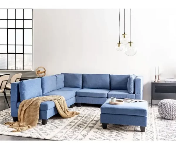 Sofá de canto modular 5 lugares com repousa-pés em tecido azul à direita UNSTAD