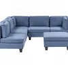 Sofá de canto modular 5 lugares com repousa-pés em tecido azul à direita UNSTAD