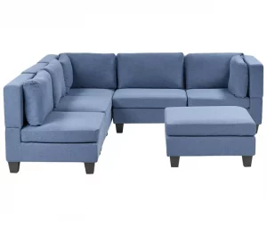 Sofá de canto modular 5 lugares com repousa-pés em tecido azul à direita UNSTAD