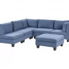 Sofá de canto modular 5 lugares com repousa-pés em tecido azul à direita UNSTAD