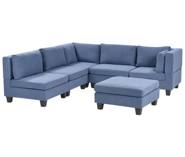 Sofá de canto modular 5 lugares com repousa-pés em tecido azul à direita UNSTAD