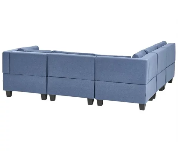Sofá de canto modular 5 lugares com repousa-pés em tecido azul à direita UNSTAD