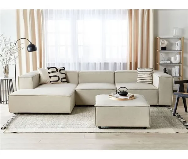 Sofá de canto 3 lugares com repousa-pés em linho creme à direita APRICA