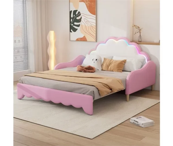 Cama de casal 140x200cm, sofá-cama com cabeceira e iluminação ambiente, completo com colchão, comando, rosa