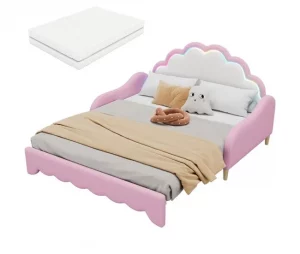 Cama de casal 140x200cm, sofá-cama com cabeceira e iluminação ambiente, completo com colchão, comando, rosa