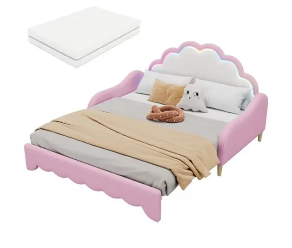 Cama de casal 140x200cm, sofá-cama com cabeceira e iluminação ambiente, completo com colchão, comando, rosa