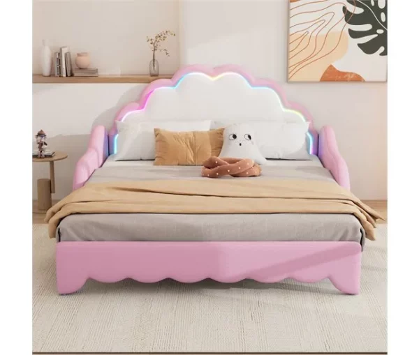 Cama de casal 140x200cm, sofá-cama com cabeceira e iluminação ambiente, completo com colchão, comando, rosa