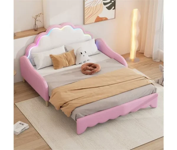 Cama de casal 140x200cm, sofá-cama com cabeceira e iluminação ambiente, completo com colchão, comando, rosa