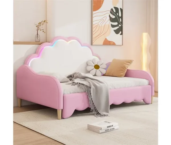 Cama de casal 140x200cm, sofá-cama com cabeceira e iluminação ambiente, completo com colchão, comando, rosa