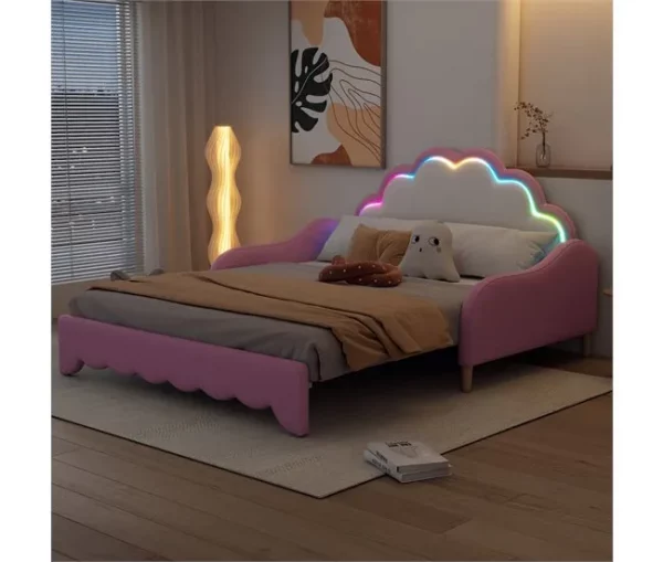 Cama de casal 140x200cm, sofá-cama com cabeceira e iluminação ambiente, completo com colchão, comando, rosa