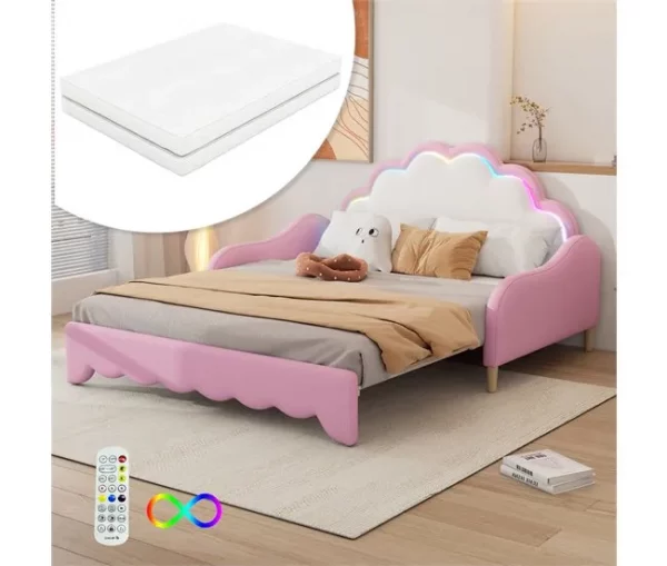 Cama de casal 140x200cm, sofá-cama com cabeceira e iluminação ambiente, completo com colchão, comando, rosa